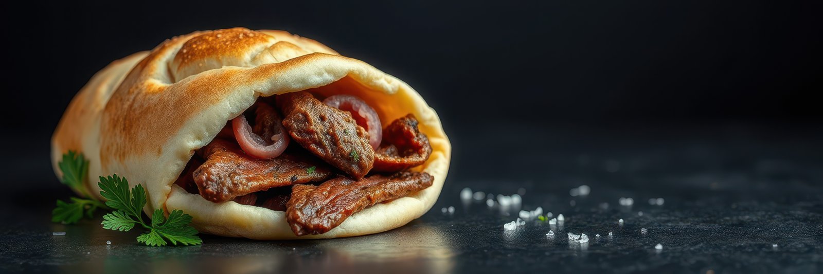 Delicious flatbread wrap filled with tender grilled meat and fresh ingredients on a dark background